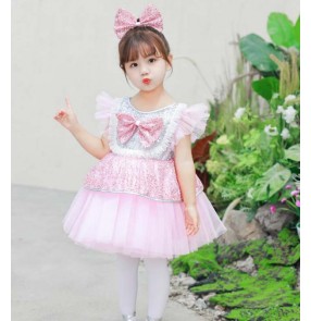 Girls kids pink sequins jazz dance dress tutu skirts ballet dance dress preschool kindergarten princess performance outfits for Children